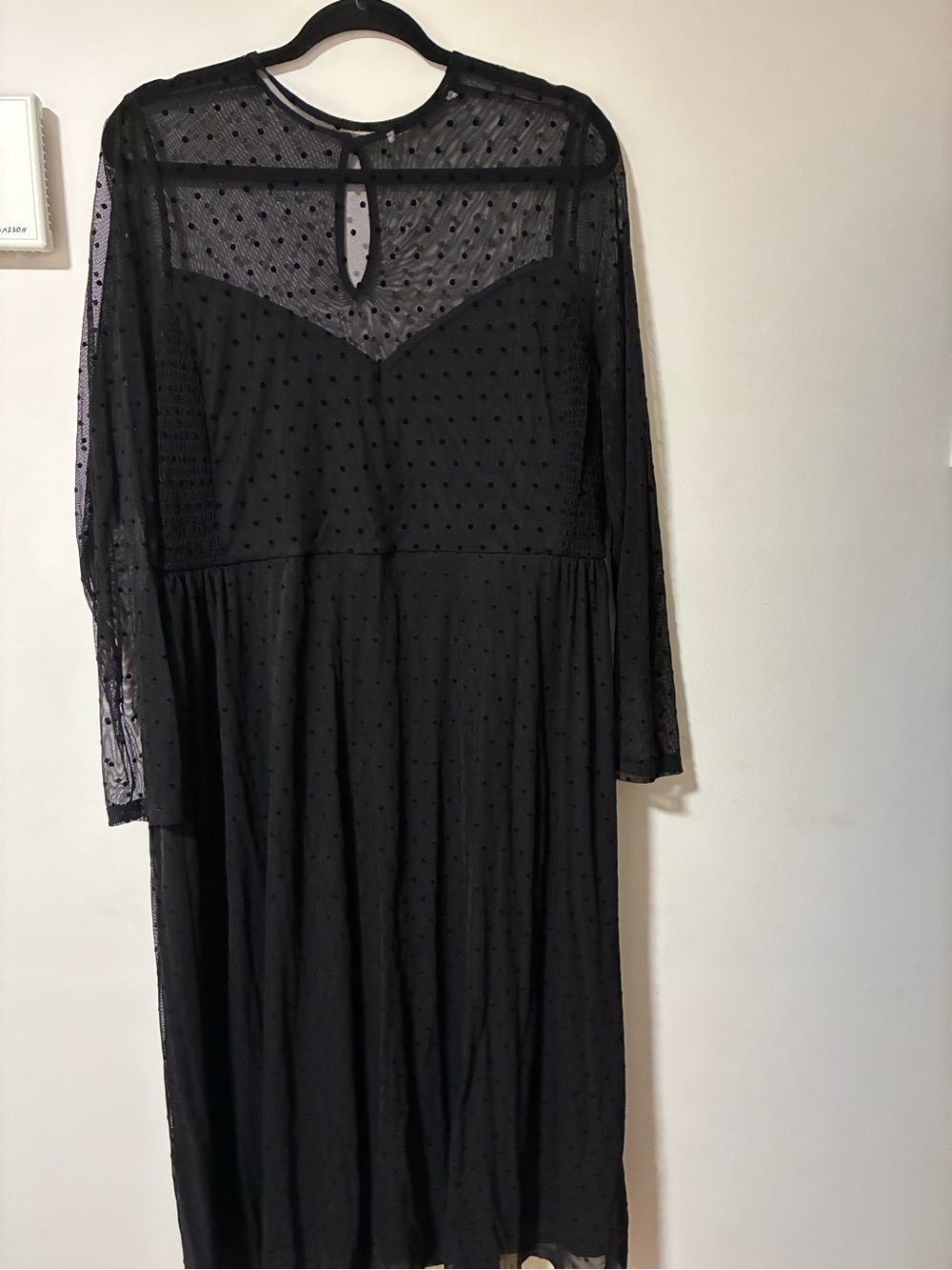 Sheer Swiss Dot Black Midi Dress with Keyhole Neck